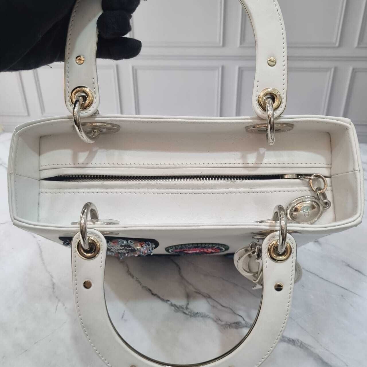 Christian Dior Lady Dior Limited Edition White Smooth Leather Badges SHW 2014 Satchel