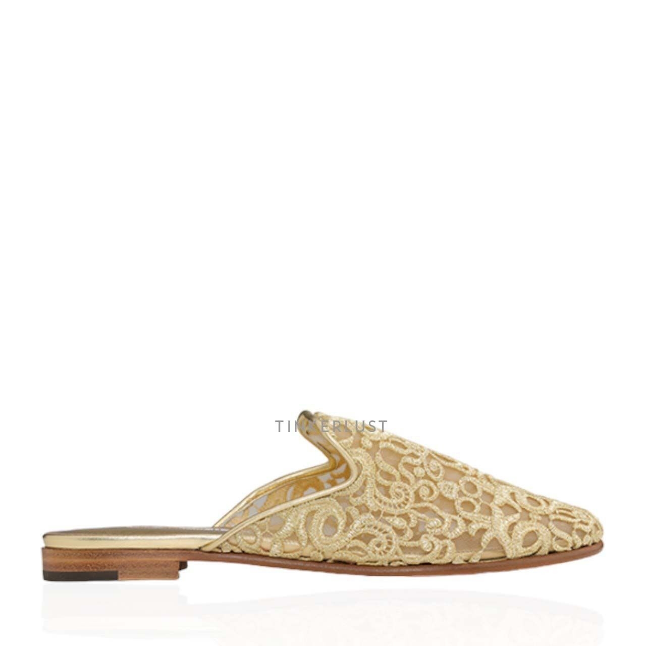 MANOLO BLAHNIK Mariamu 50th Anniversary Flat Mules in Gold Lace Macrame