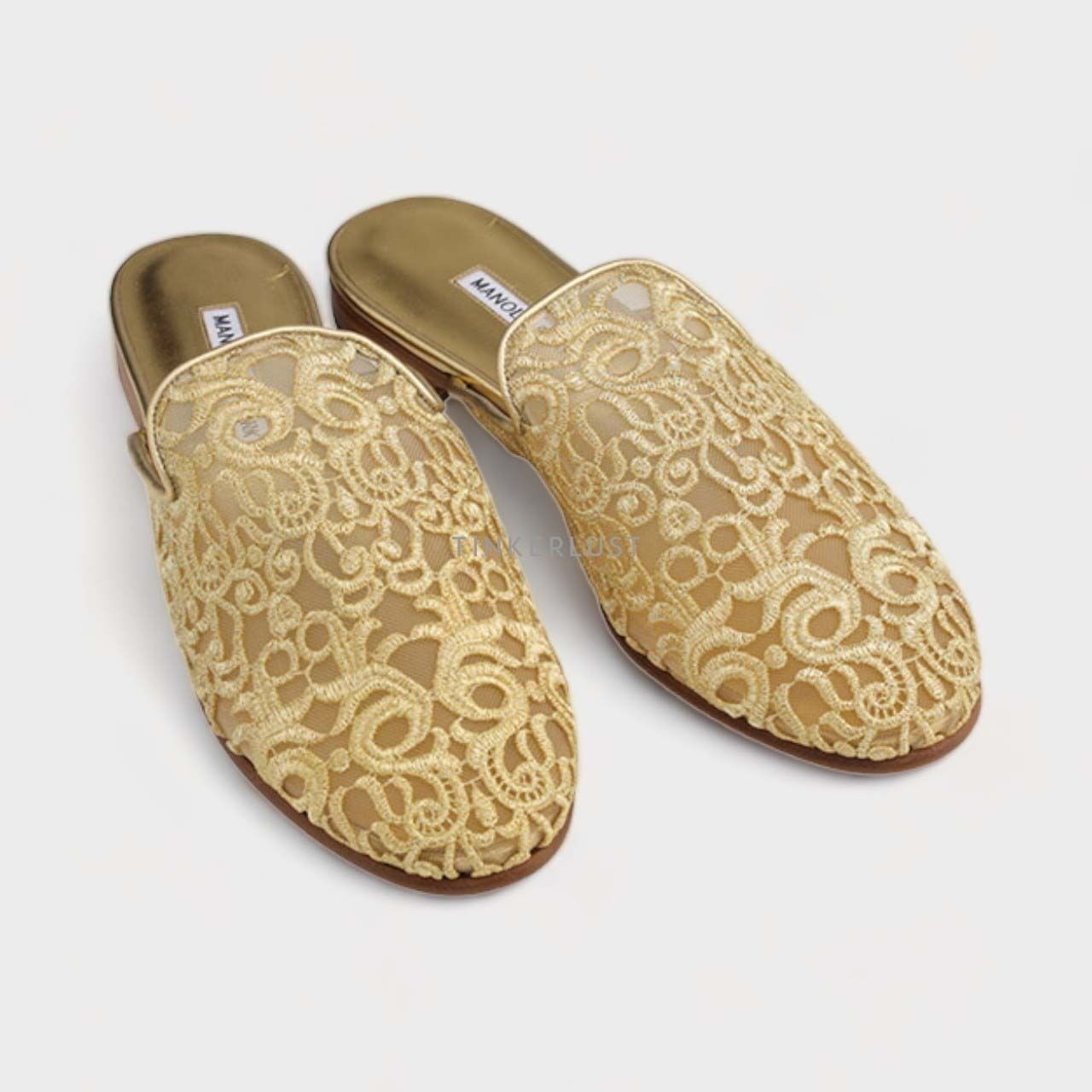 MANOLO BLAHNIK Mariamu 50th Anniversary Flat Mules in Gold Lace Macrame