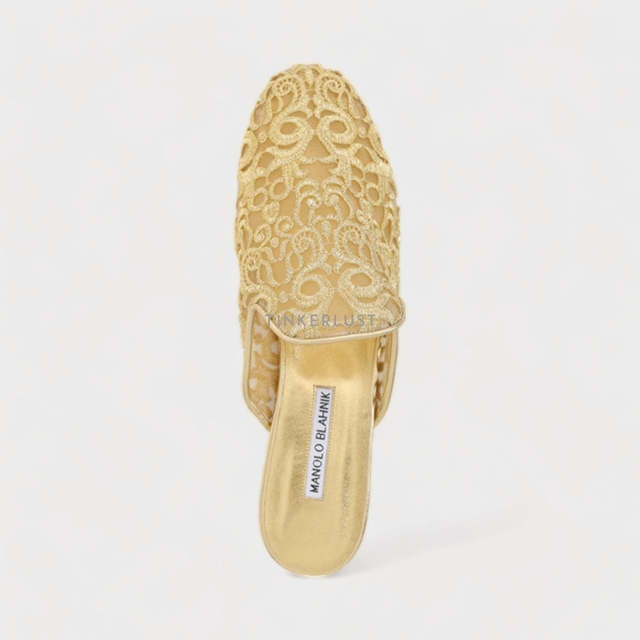 MANOLO BLAHNIK Mariamu 50th Anniversary Flat Mules in Gold Lace Macrame