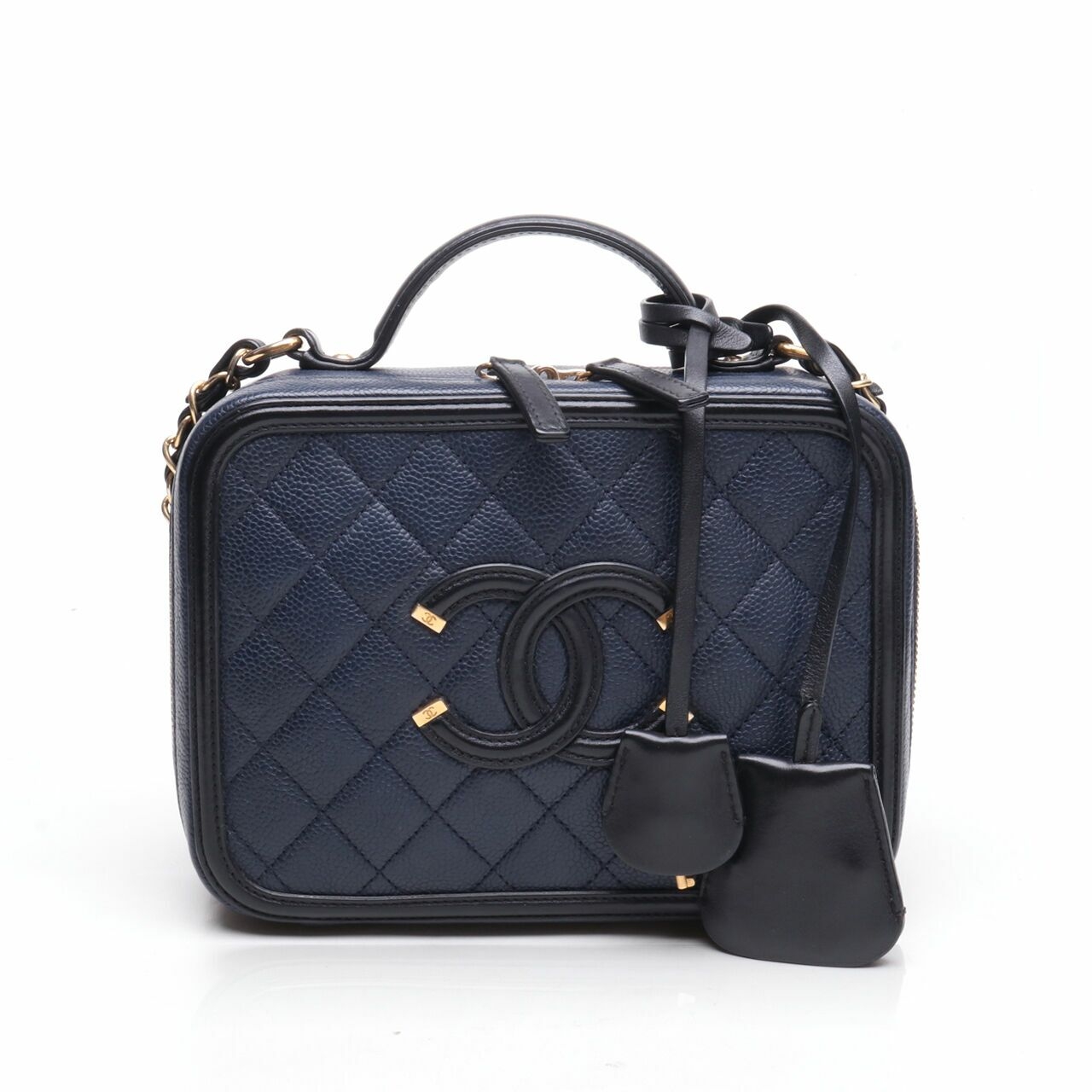 Chanel Filigree Vanity Case Quilted Caviar Gold-tone Medium Navy Black #22 Satchel