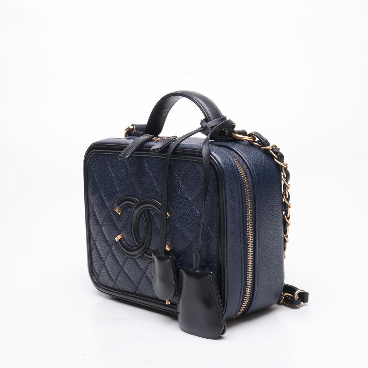 Chanel Filigree Vanity Case Quilted Caviar Gold-tone Medium Navy Black #22 Satchel