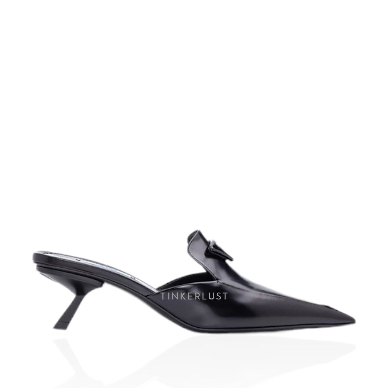 Prada Women Triangle Logo Sabots 60mm in Black Brushed Leather Heels