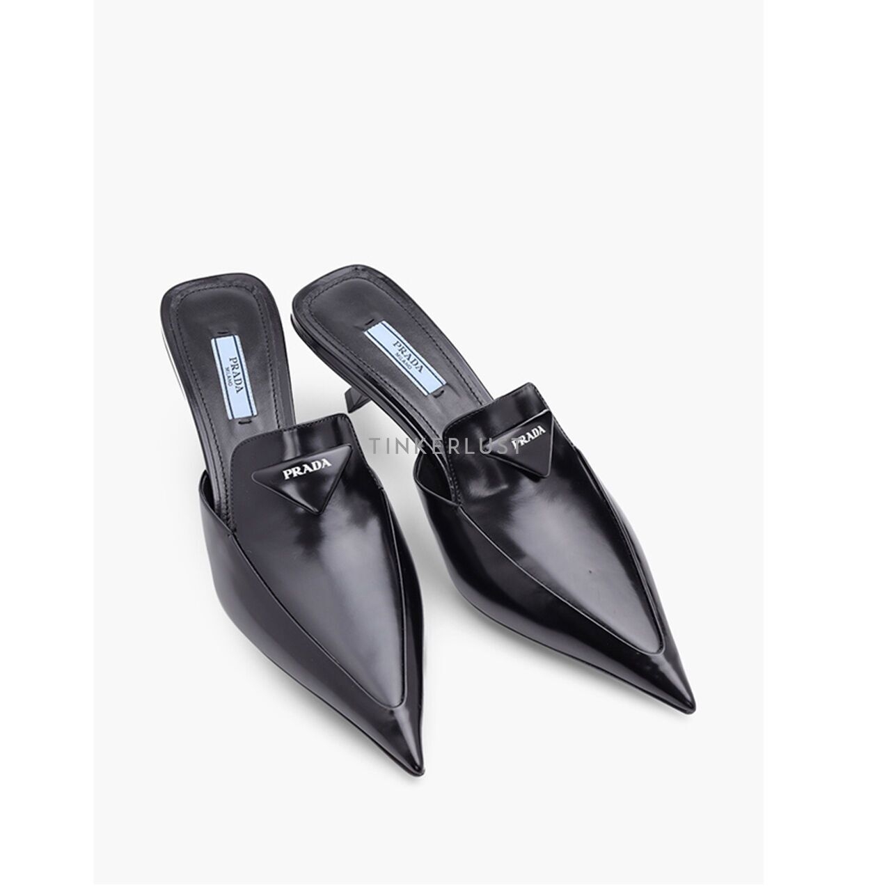 Prada Women Triangle Logo Sabots 60mm in Black Brushed Leather Heels