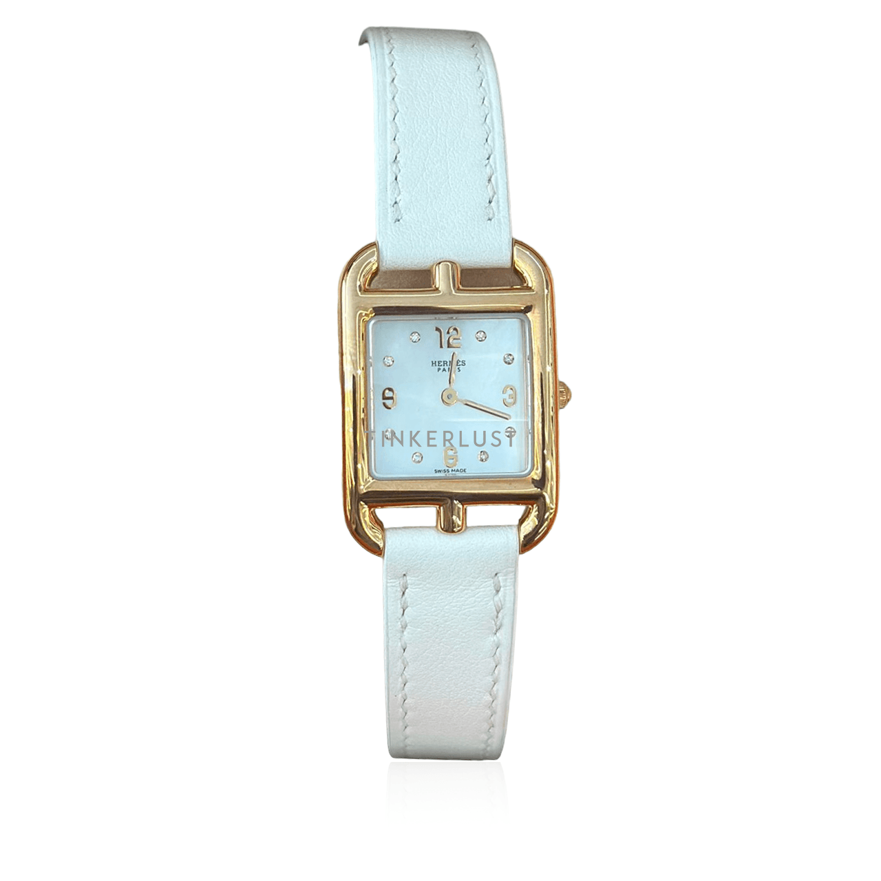 Hermes Cape Cod PM 18K Rose Gold Diamond Set Natural Mother-Of-Pearl Dial With Blanc Swift Strap