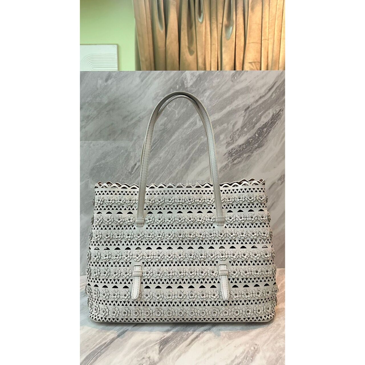 Alaia 32 White Floral Tote Bag