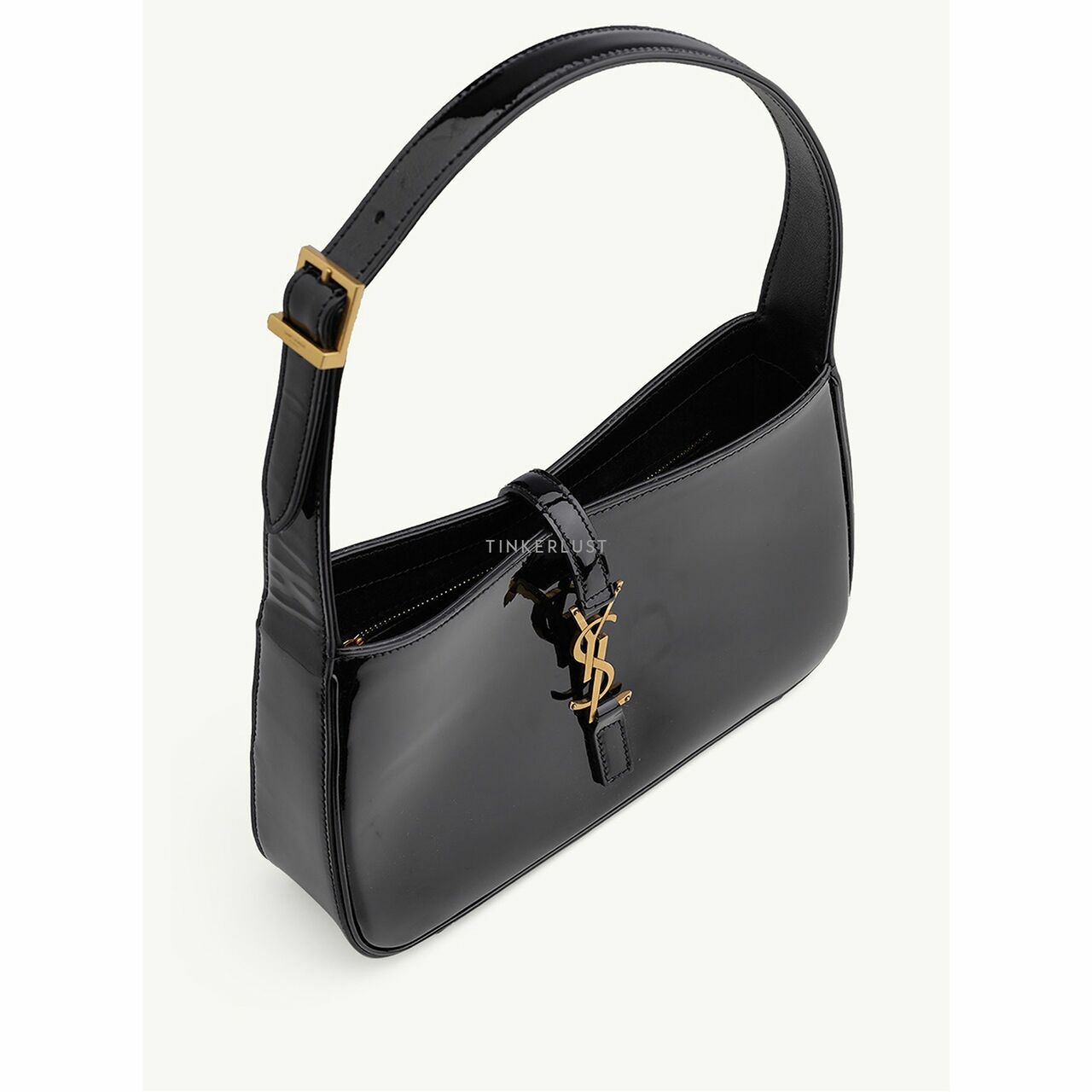 SAINT LAURENT Le 5 A 7 Hobo Bag in Black Patent Leather with Bronze Hardware Shoulder Bag