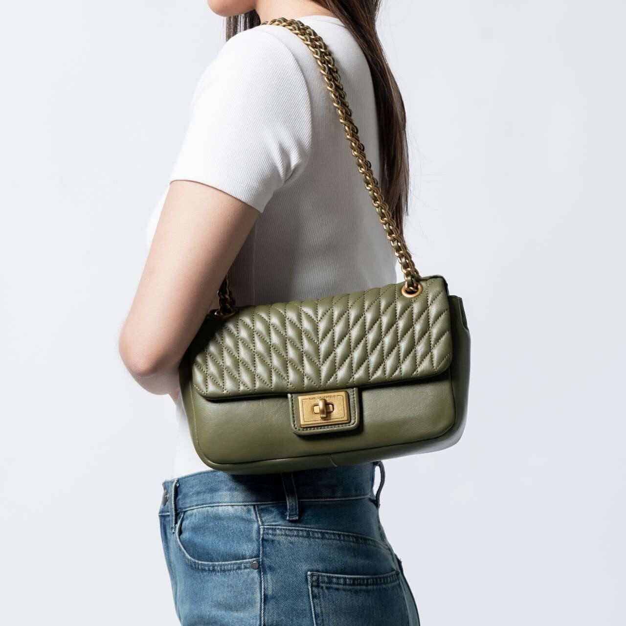 Karl Lagerfeld Agyness Quilted Shoulder Bag Olive