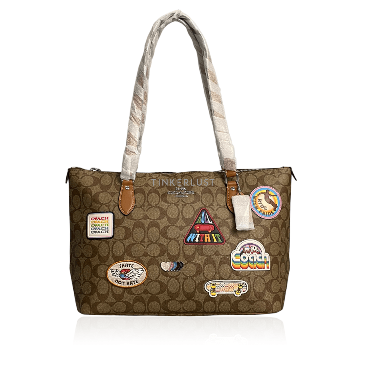 Coach CJ603 Gallery Khaki Multi Signature Canvas Patches Tote Bag