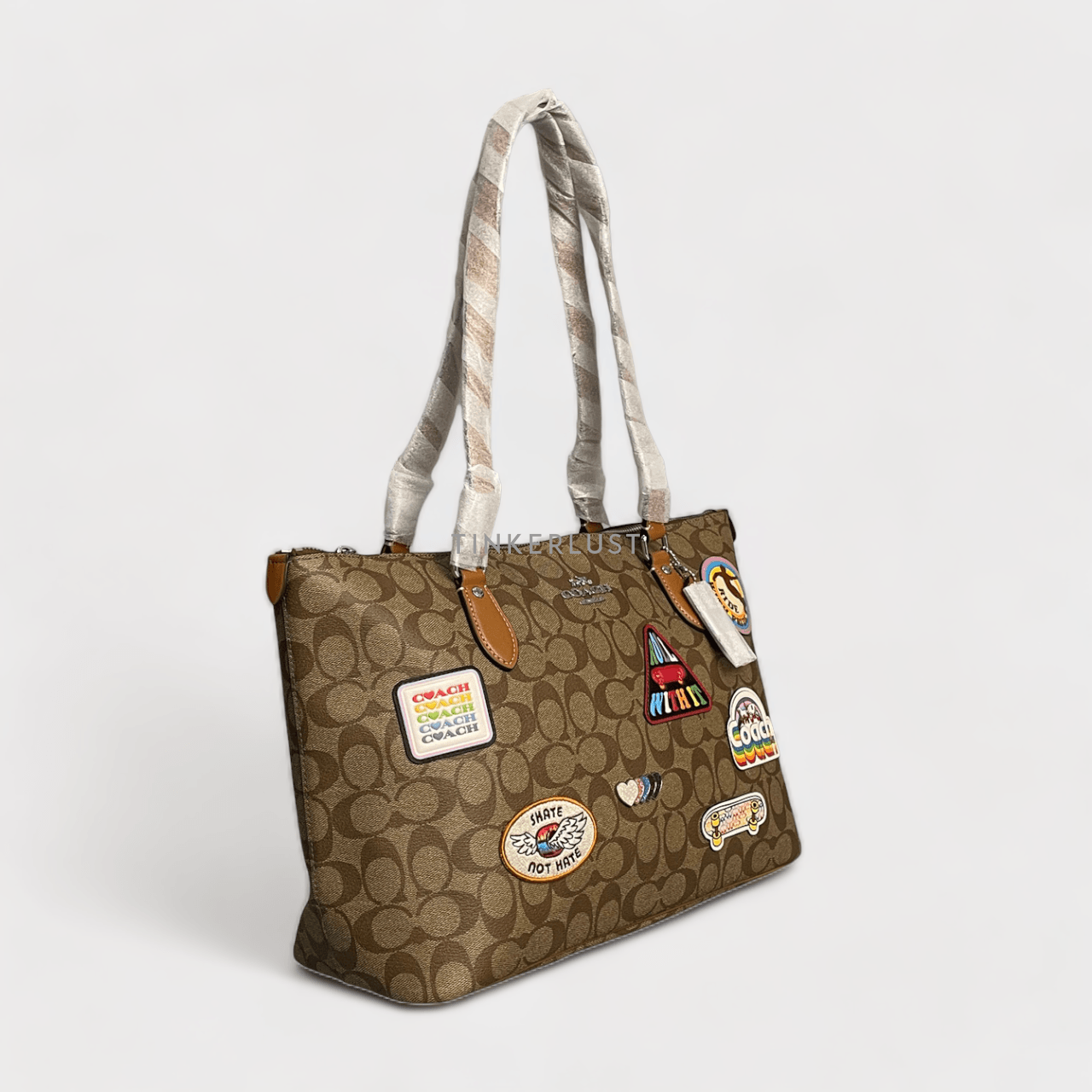 Coach CJ603 Gallery Khaki Multi Signature Canvas Patches Tote Bag