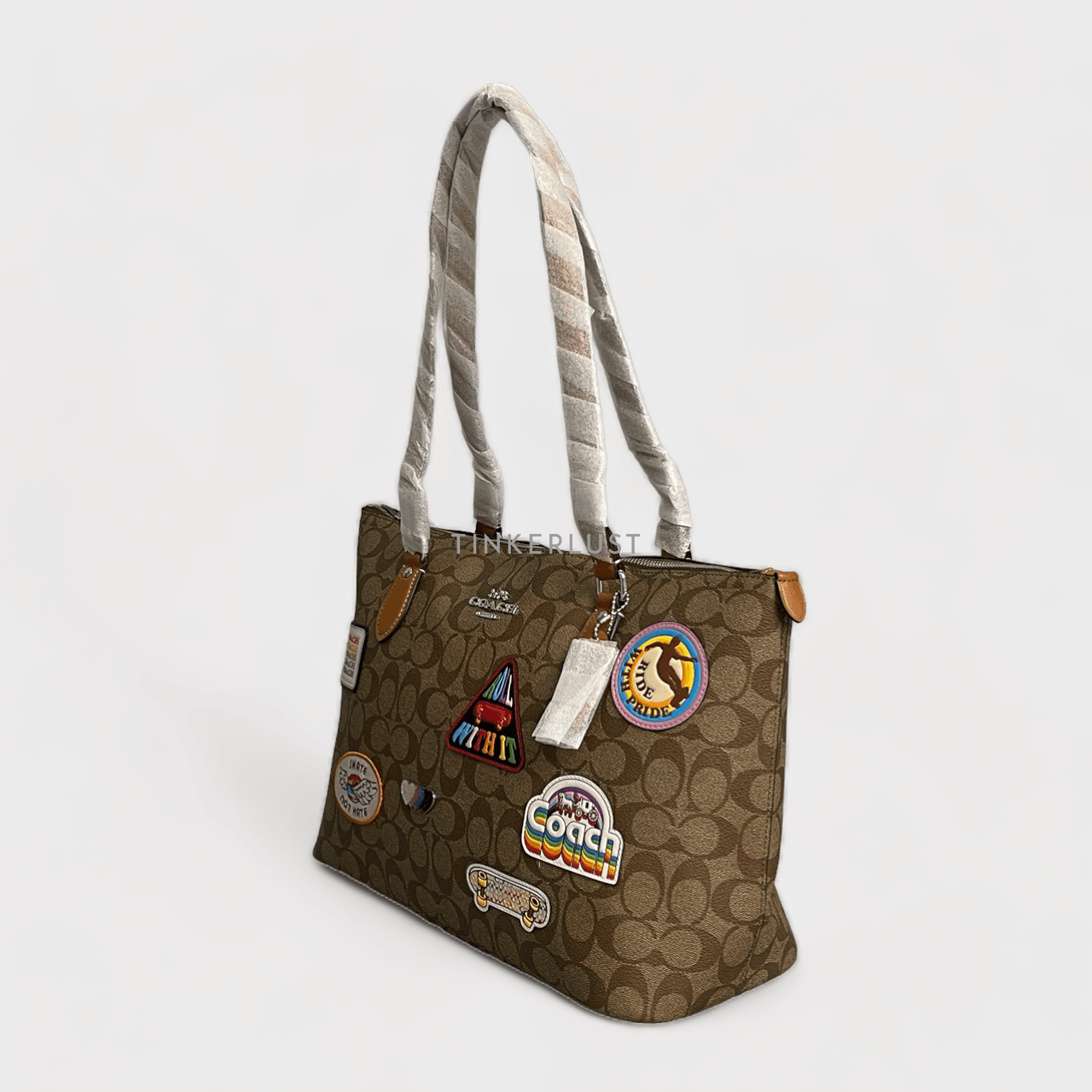 Coach CJ603 Gallery Khaki Multi Signature Canvas Patches Tote Bag