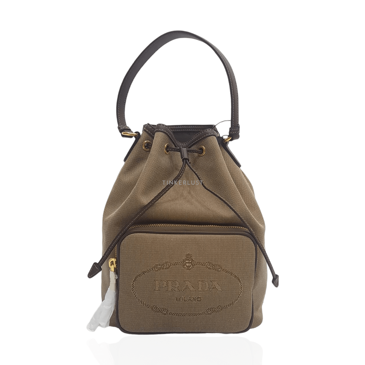 Prada Secchiello Logo Jacquard Drawstring 1BH097 Brown Medium with Longstrap Satchel