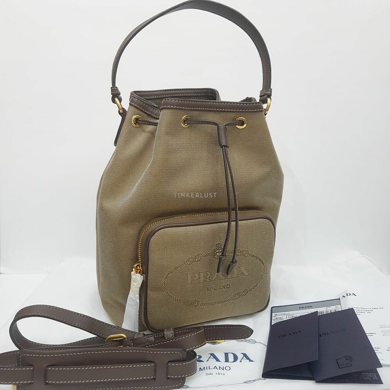 Prada Secchiello Logo Jacquard Drawstring 1BH097 Brown Medium with Longstrap Satchel