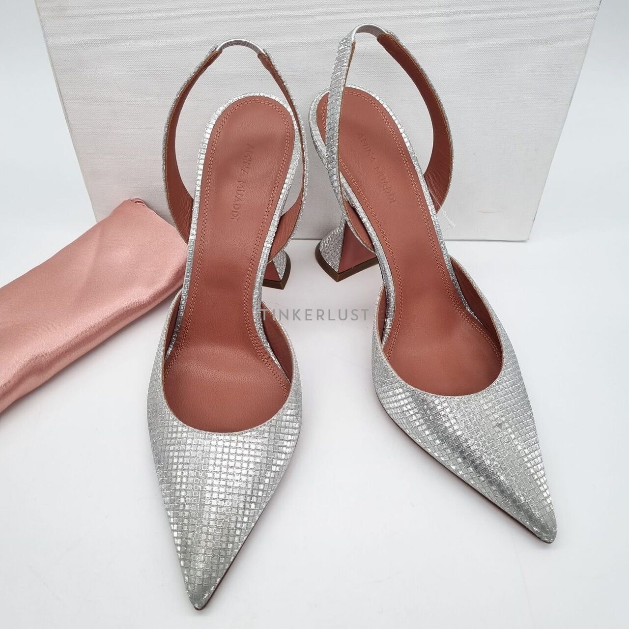 Amina Muaddi Holli Sling Disco Squares Silver Glitter Heels