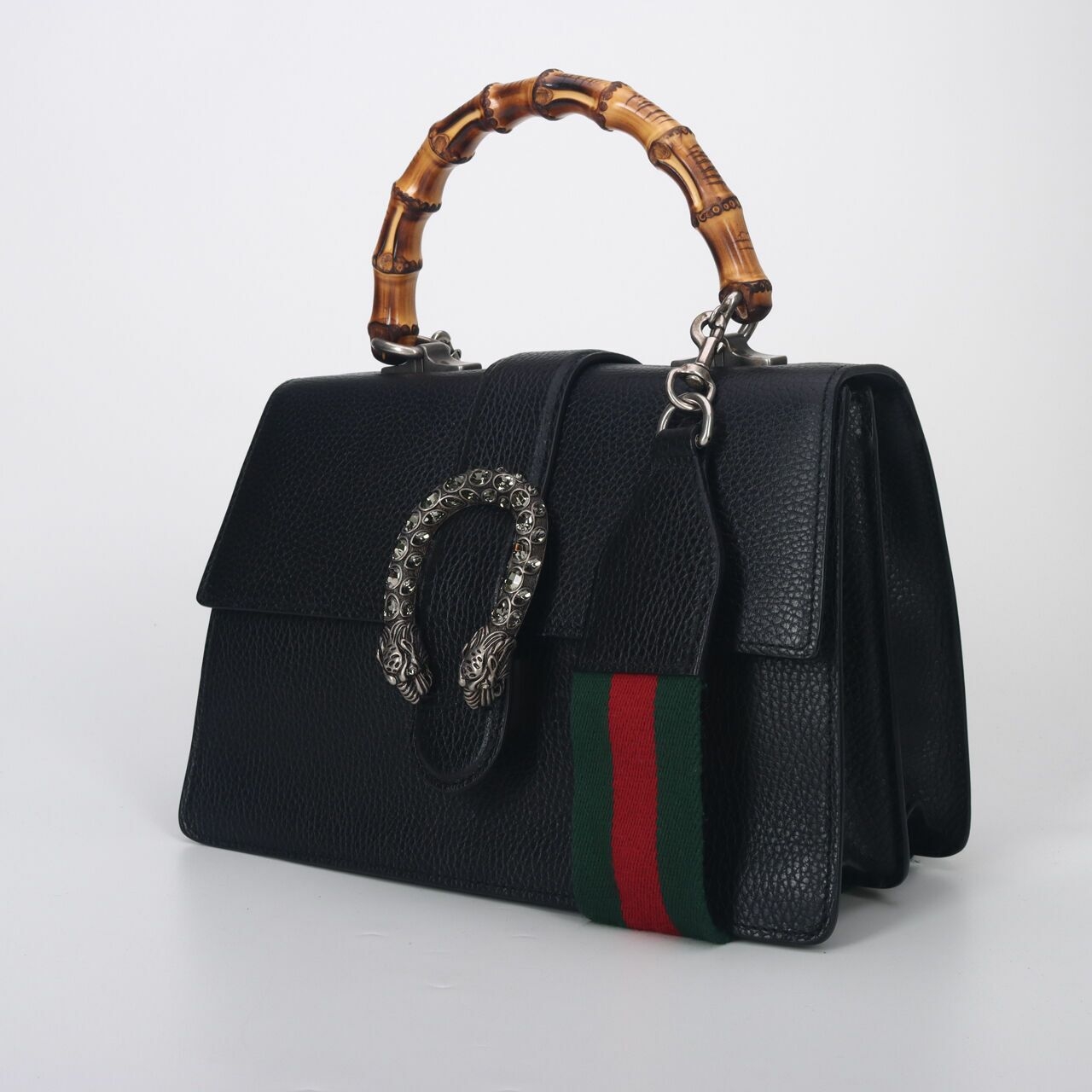 Gucci Pebbled Calfskin Bamboo Web Medium Dionysus Top Handle Bag Black Satchel Bag