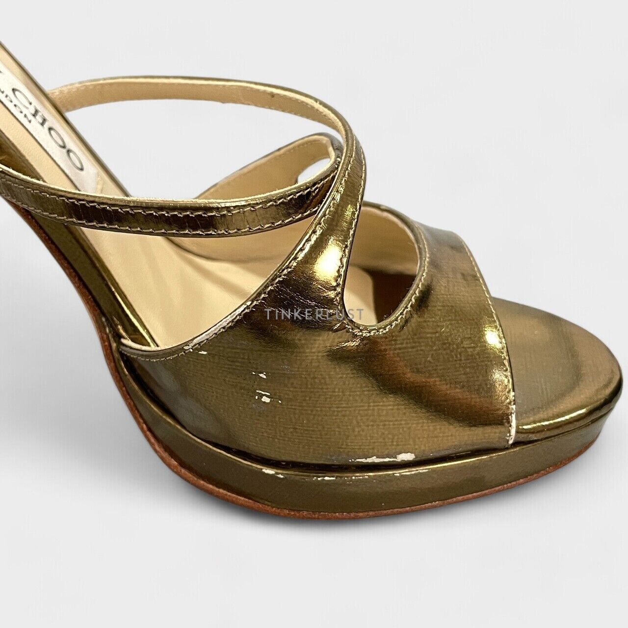 Jimmy Choo Metallic Gold Leather Ankle Strap Heels 