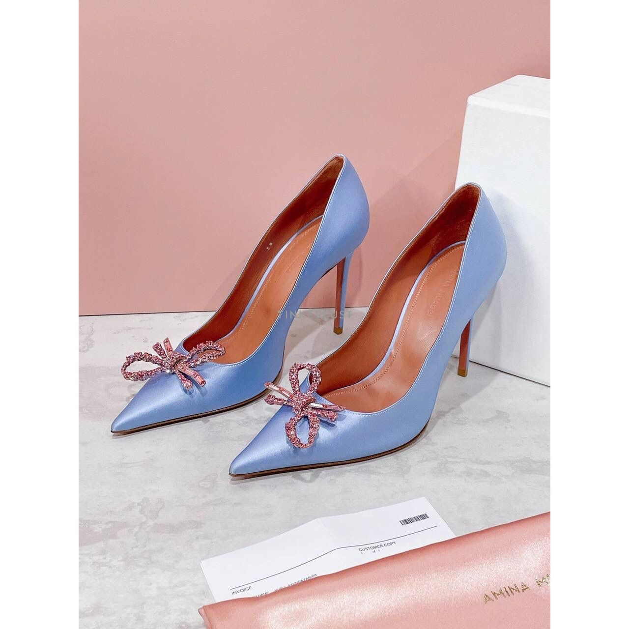 Amina Muaddi Rosie Pump Powder Blue Satin Heels