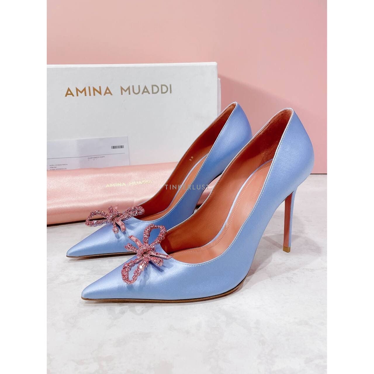 Amina Muaddi Rosie Pump Powder Blue Satin Heels