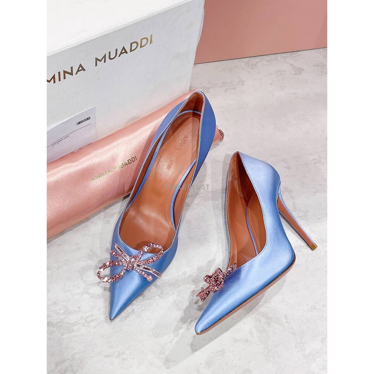 Amina Muaddi Rosie Pump Powder Blue Satin Heels