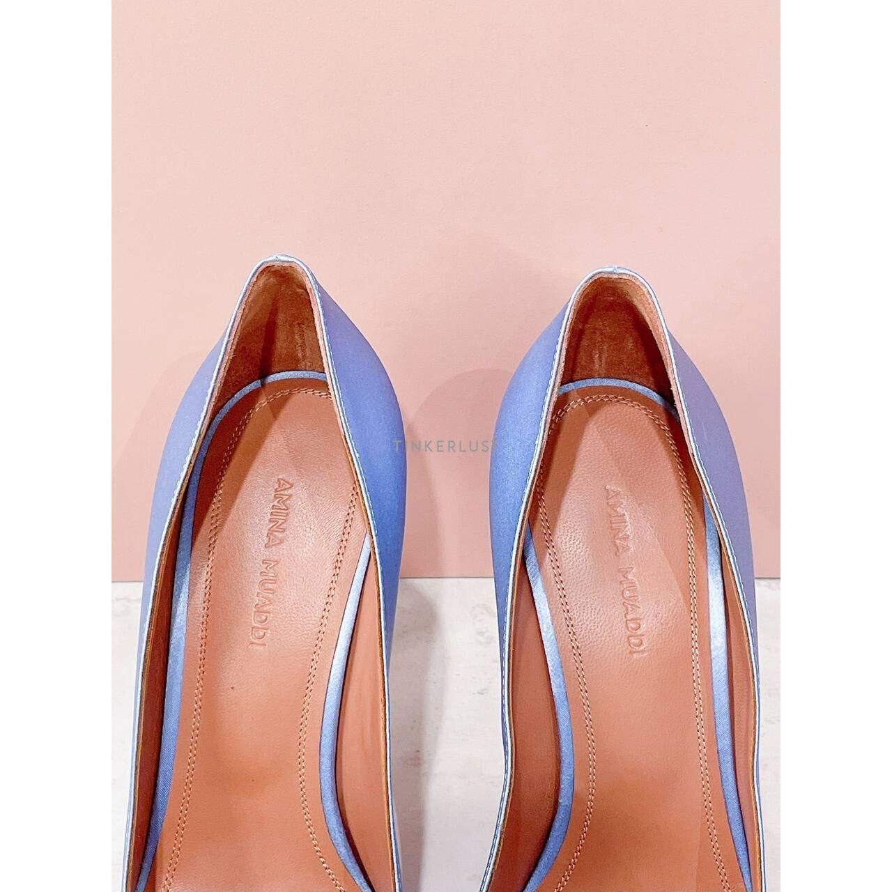 Amina Muaddi Rosie Pump Powder Blue Satin Heels