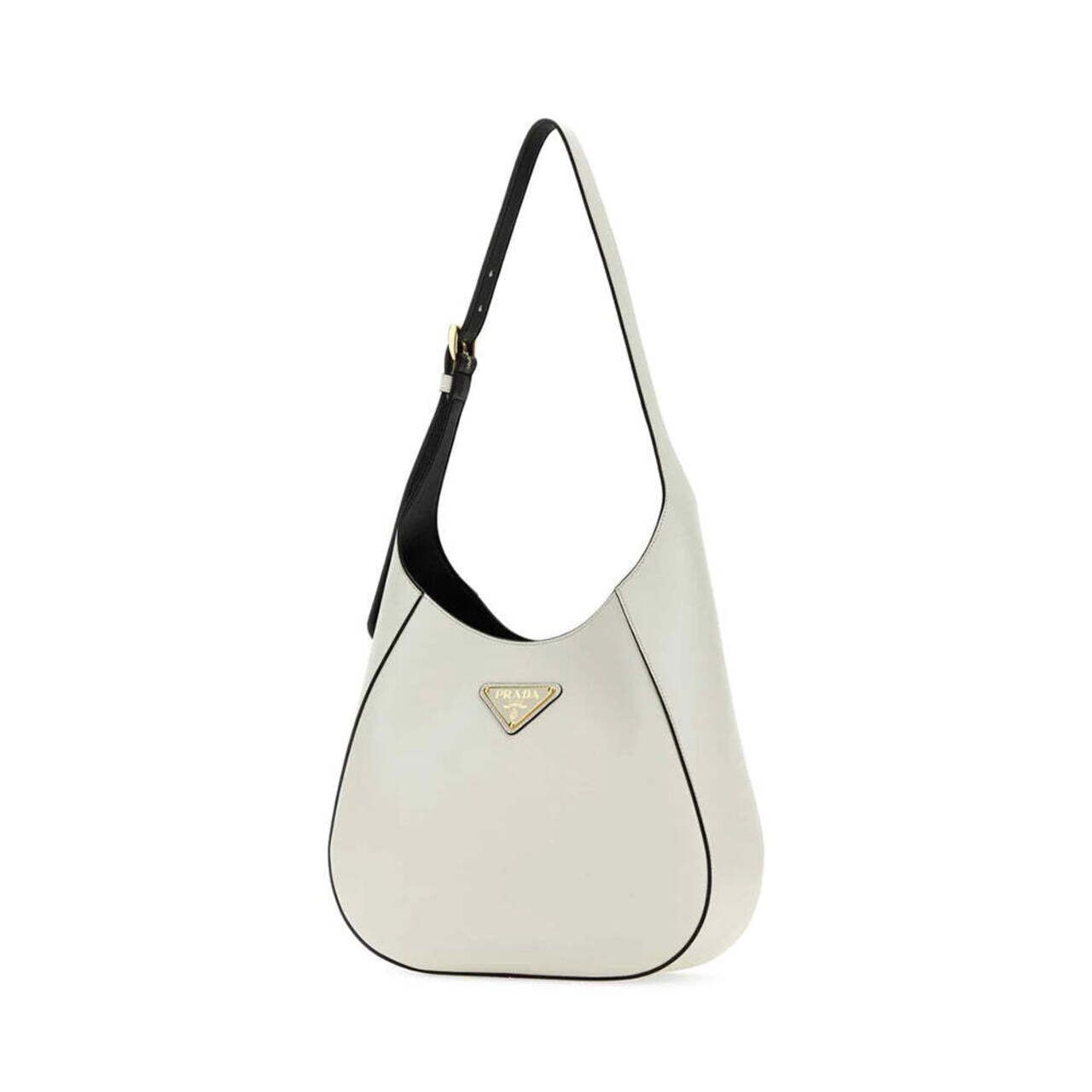 Prada Triangle Metal Logo Medium Hobo Bag White Black