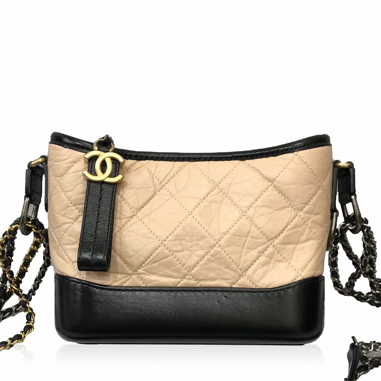 Chanel Gabrielle Small Crinkled Calfskin Beige & Black # 27 Sling Bag