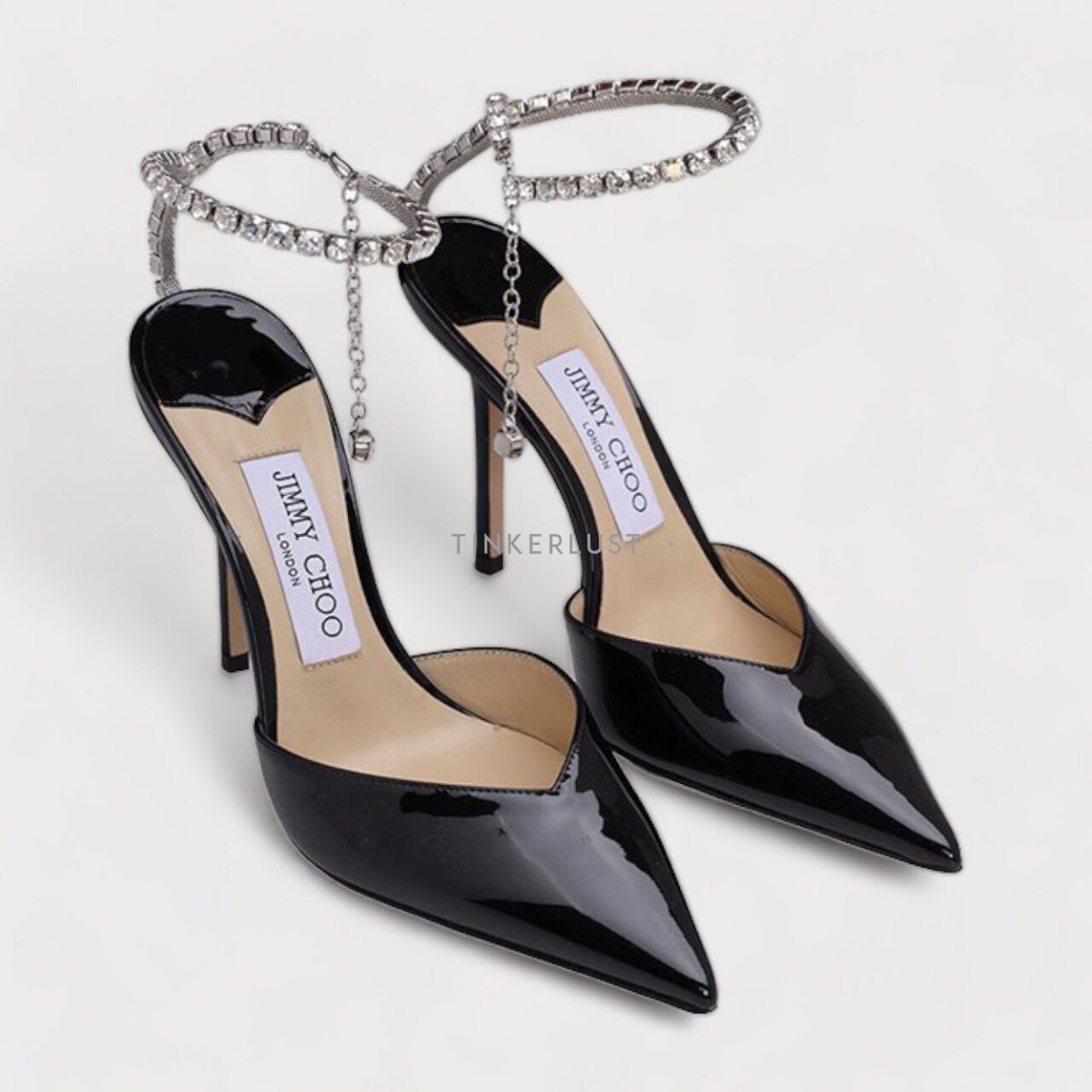 Jimmy Choo Saeda Ankle Crystal Strap Heels 100mm in Black Patent