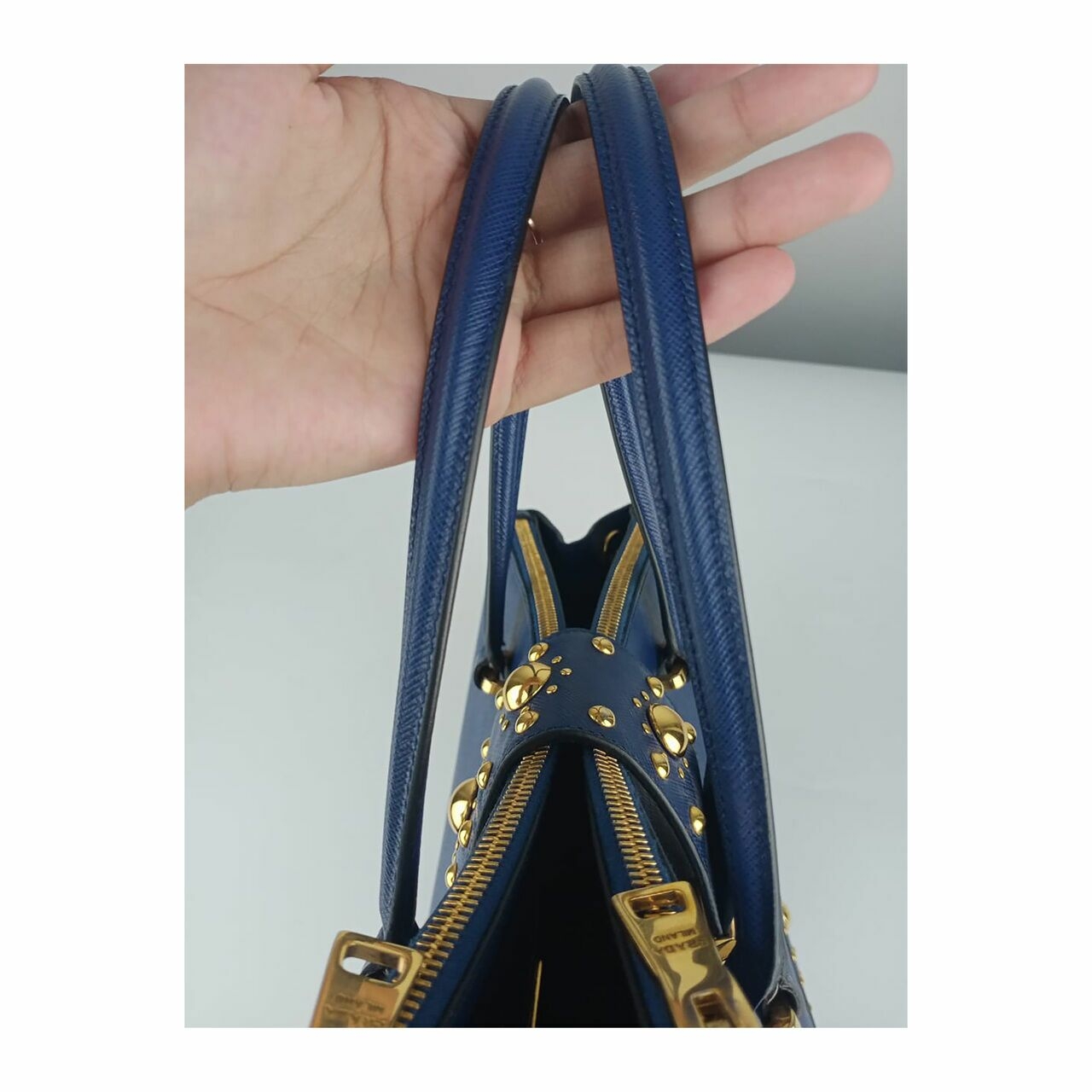 Prada Saffiano Studded Tote Bag in Blue GHW