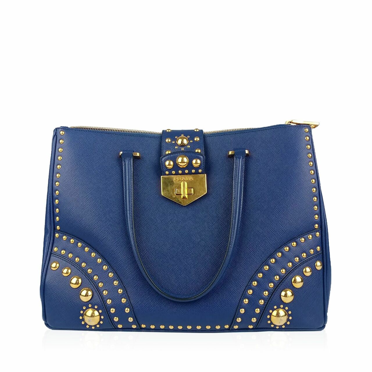 Prada Saffiano Studded Tote Bag in Blue GHW