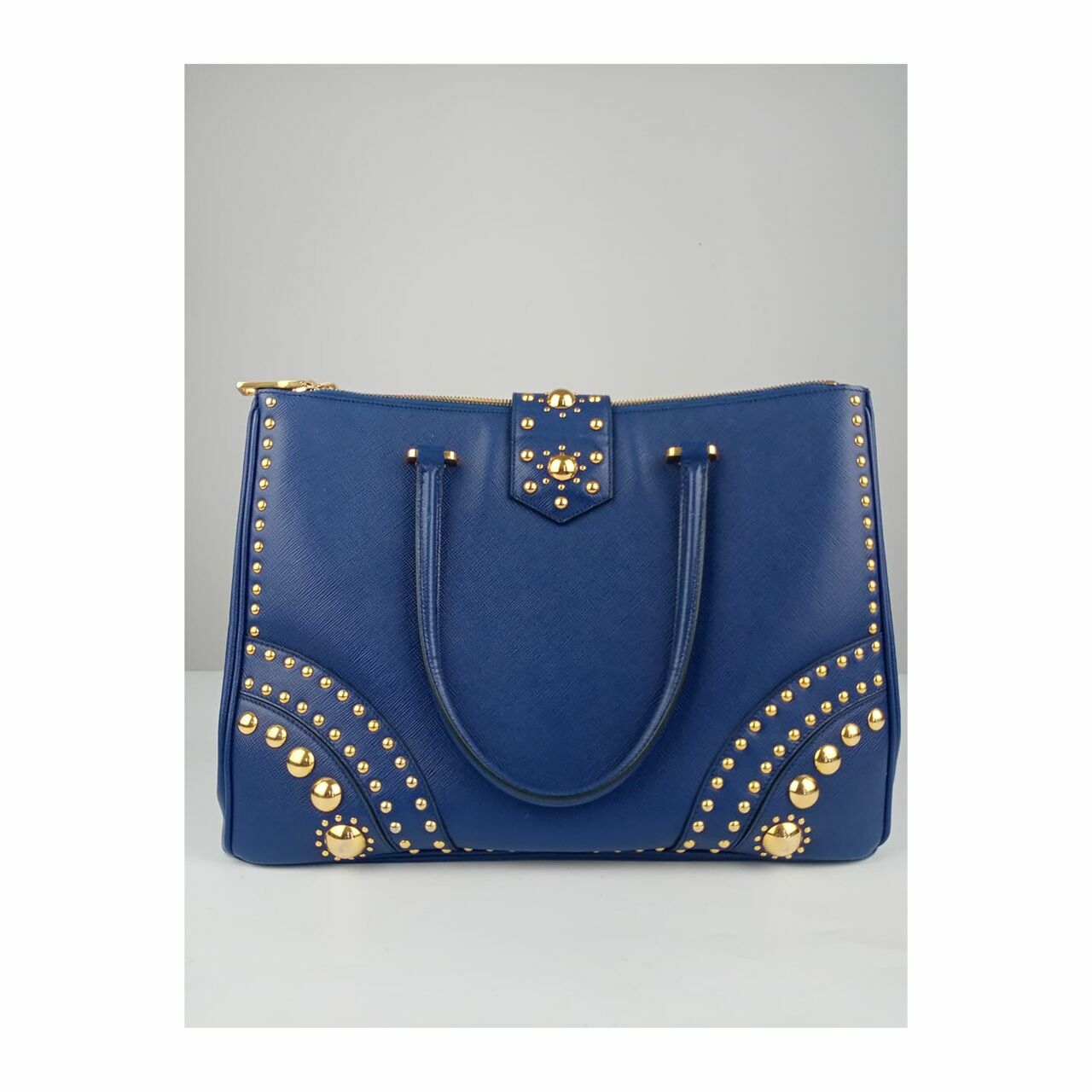 Prada Saffiano Studded Tote Bag in Blue GHW