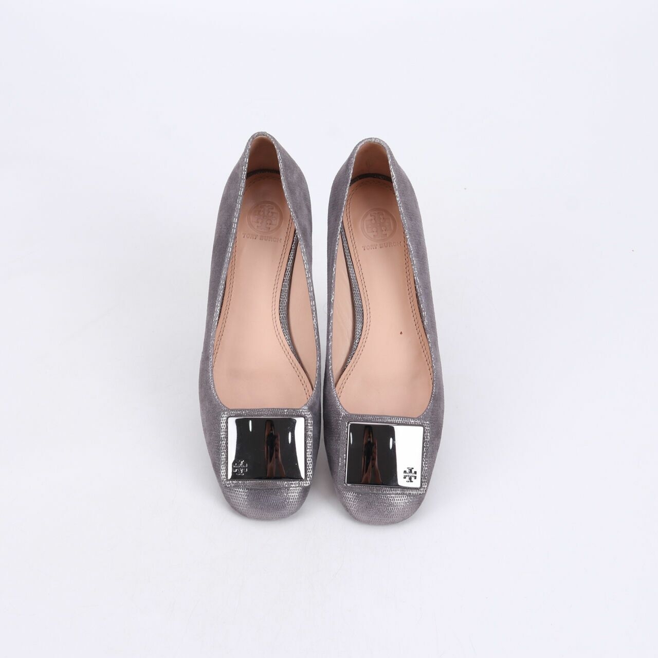 Tory Burch Ternan Ballet Metallic Shimmer Brick Grey Flats