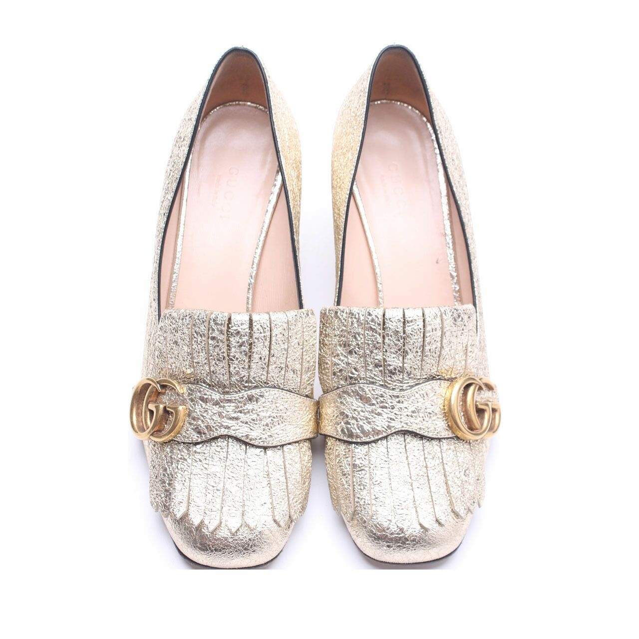 Gucci Gold Marmont Platino GG Logo Fringe Block Mid Heel Mule Loafer Pumps