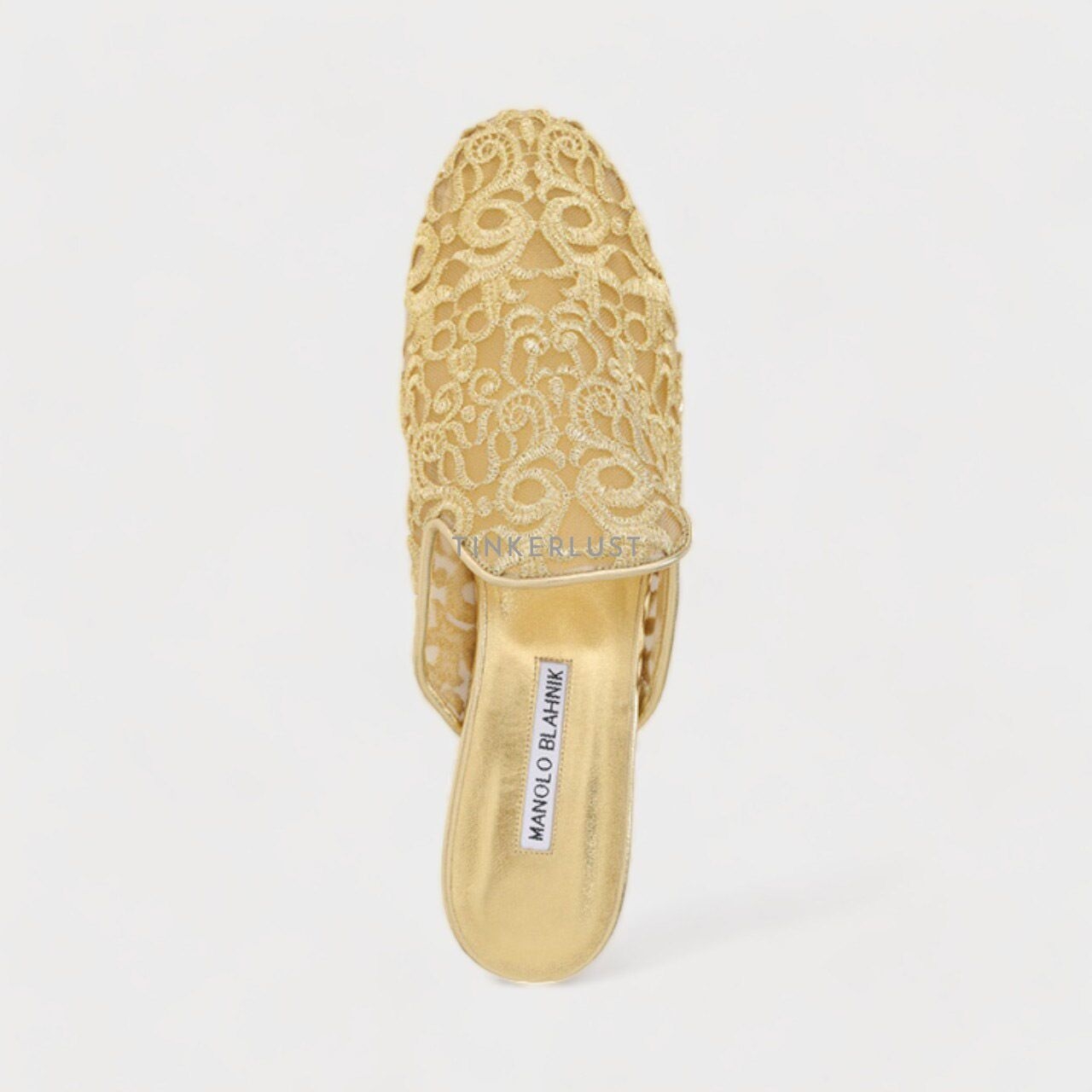 MANOLO BLAHNIK Mariamu 50th Anniversary Flat Mules in Gold Lace Macrame