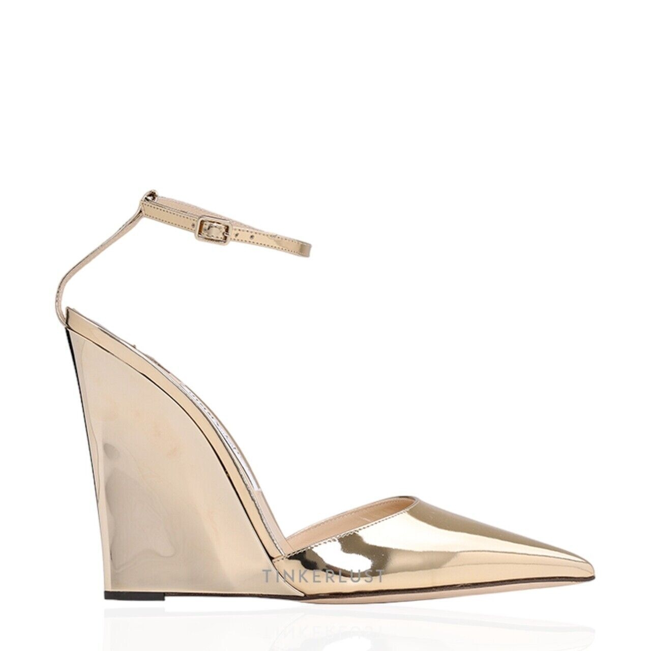 Jimmy Choo Blake Ankle Strap Wedge Pump 110mm in Gold Liquid Metal Wedges