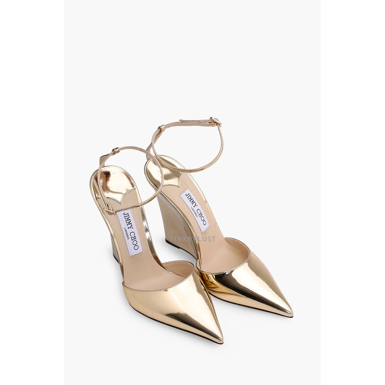 Jimmy Choo Blake Ankle Strap Wedge Pump 110mm in Gold Liquid Metal Wedges