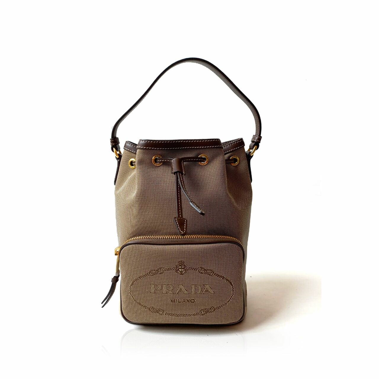 Prada Sechiello Bucket 1BH038 Logo Jacquard Corda-Bruciato Brown Satchel