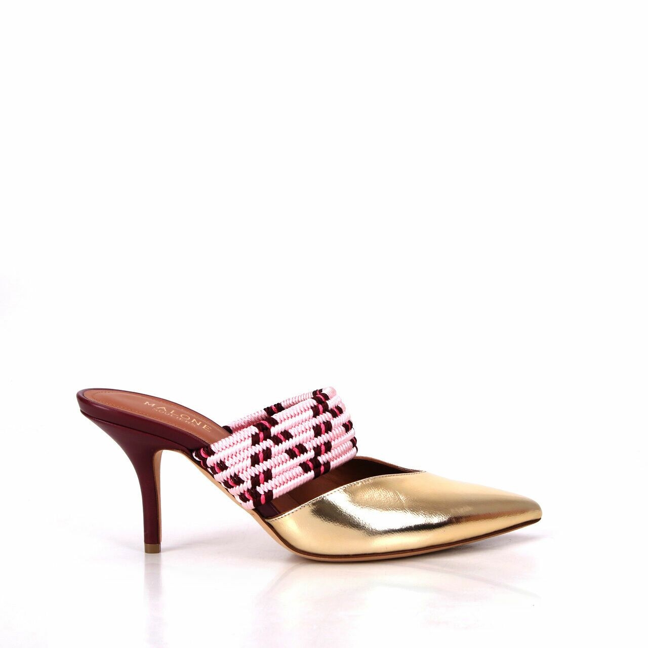 Malone Souliers Gold/Pink Leather and Strecth Band Maisie Mules Heels