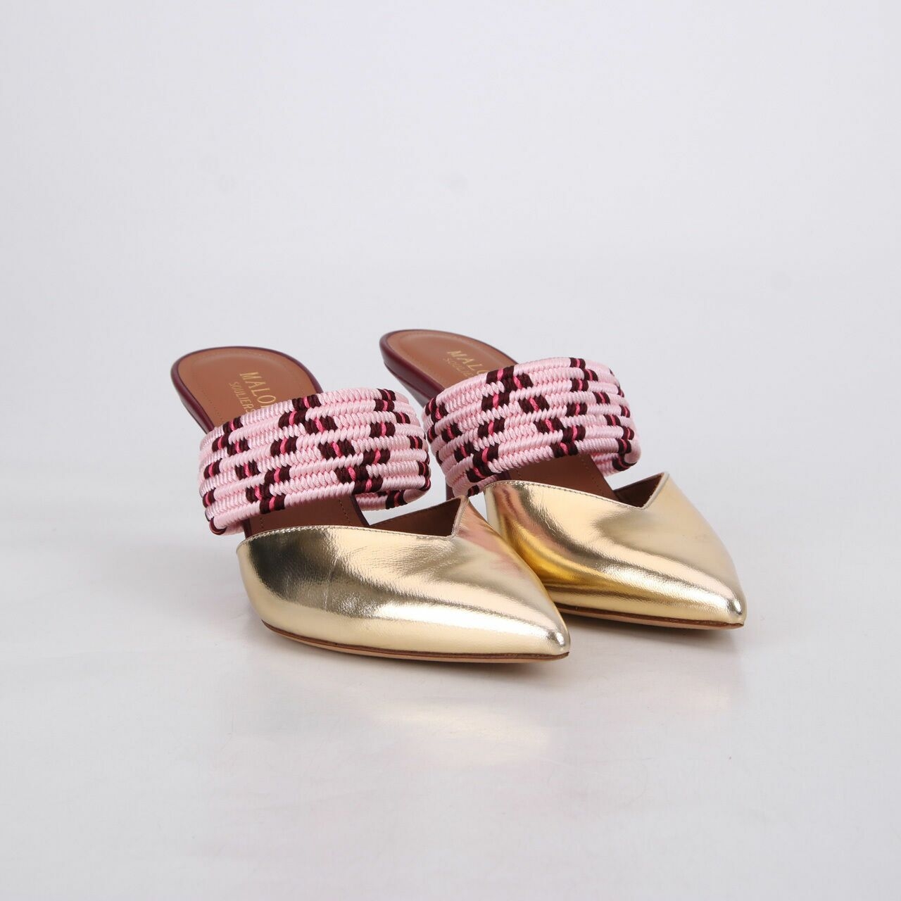 Malone Souliers Gold/Pink Leather and Strecth Band Maisie Mules Heels