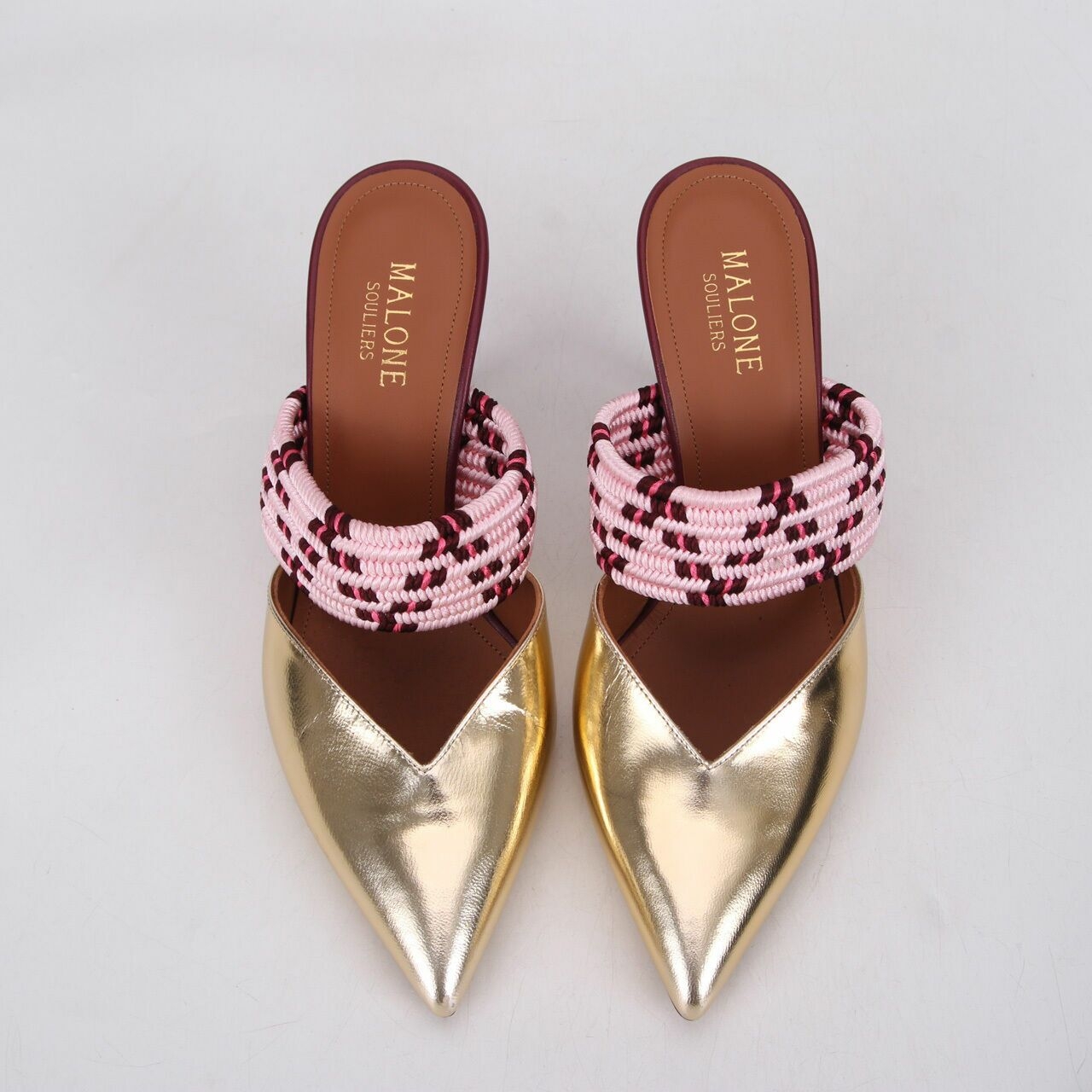 Malone Souliers Gold/Pink Leather and Strecth Band Maisie Mules Heels