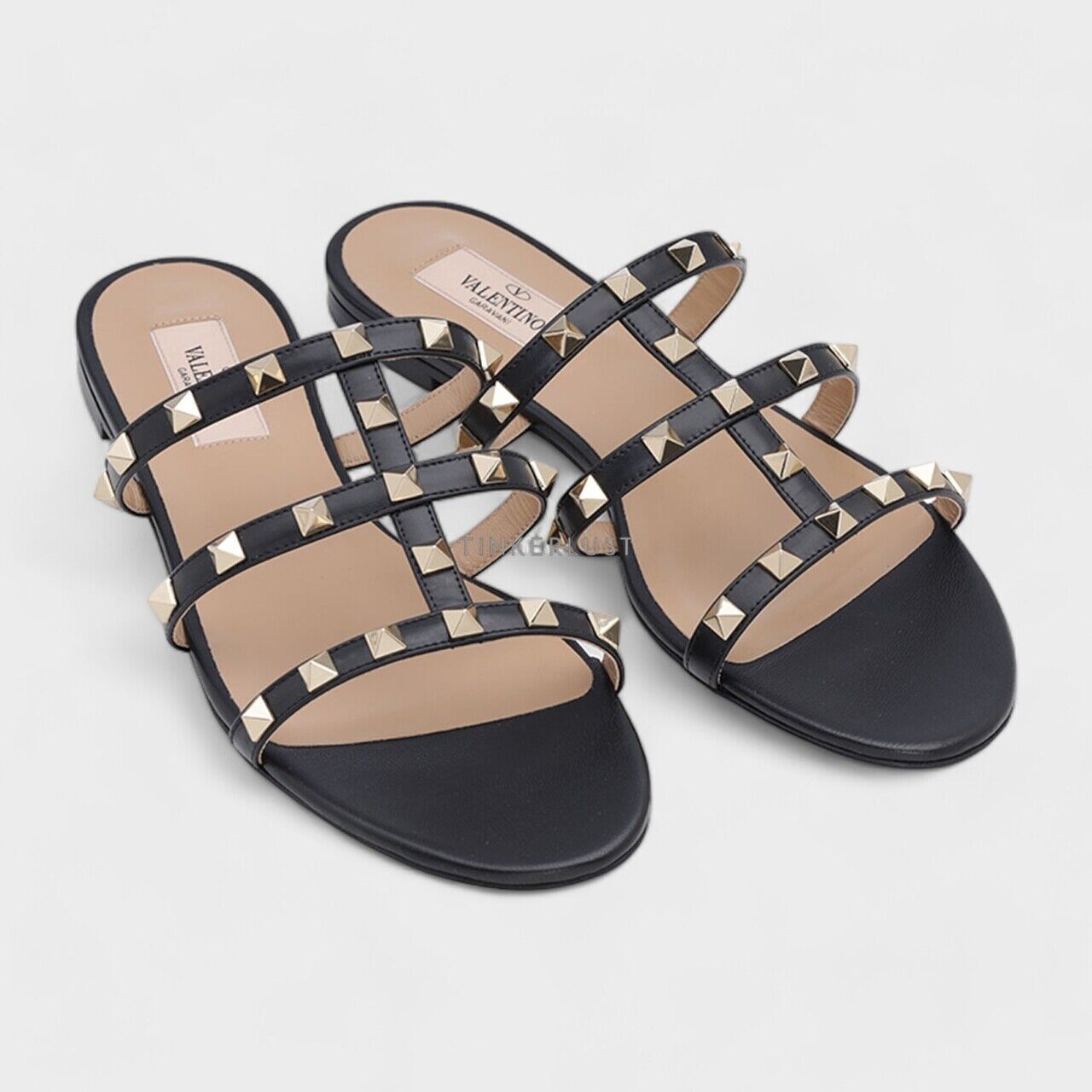 Valentino Rockstud Strappy Slides in Black Sandals