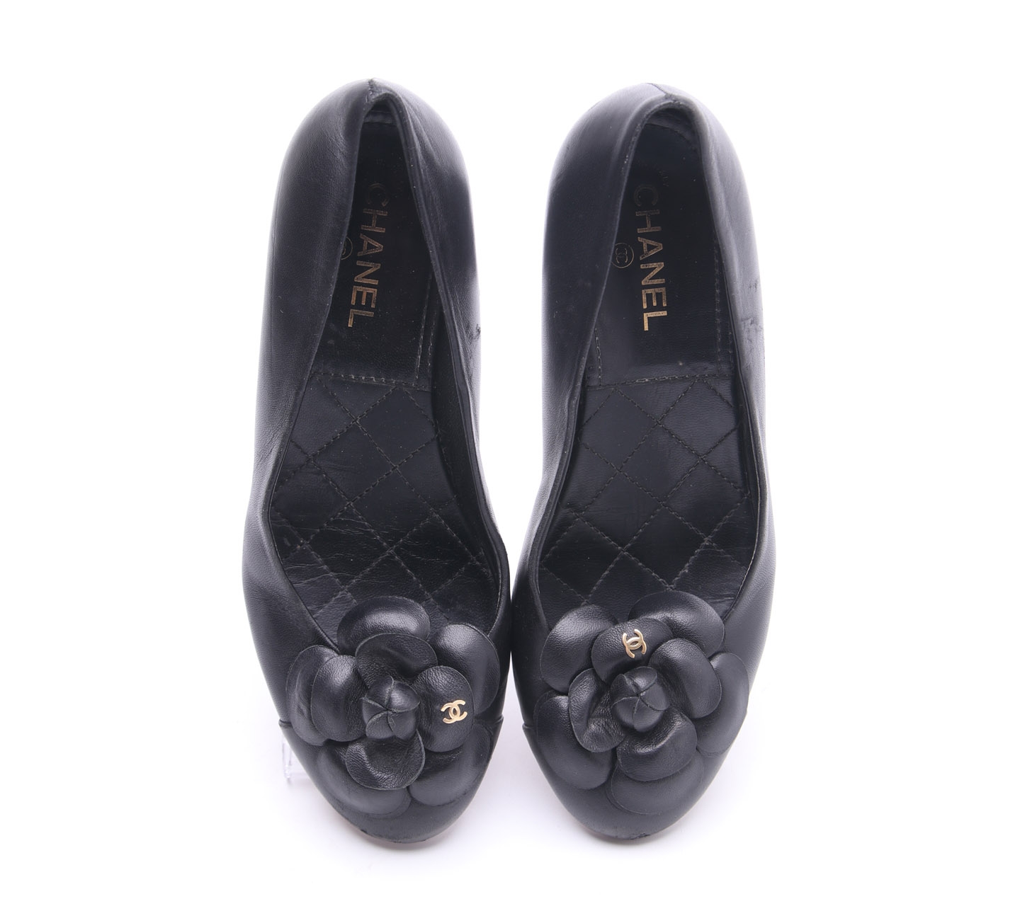 Chanel Camellia Flower Toe Black Leather Heels