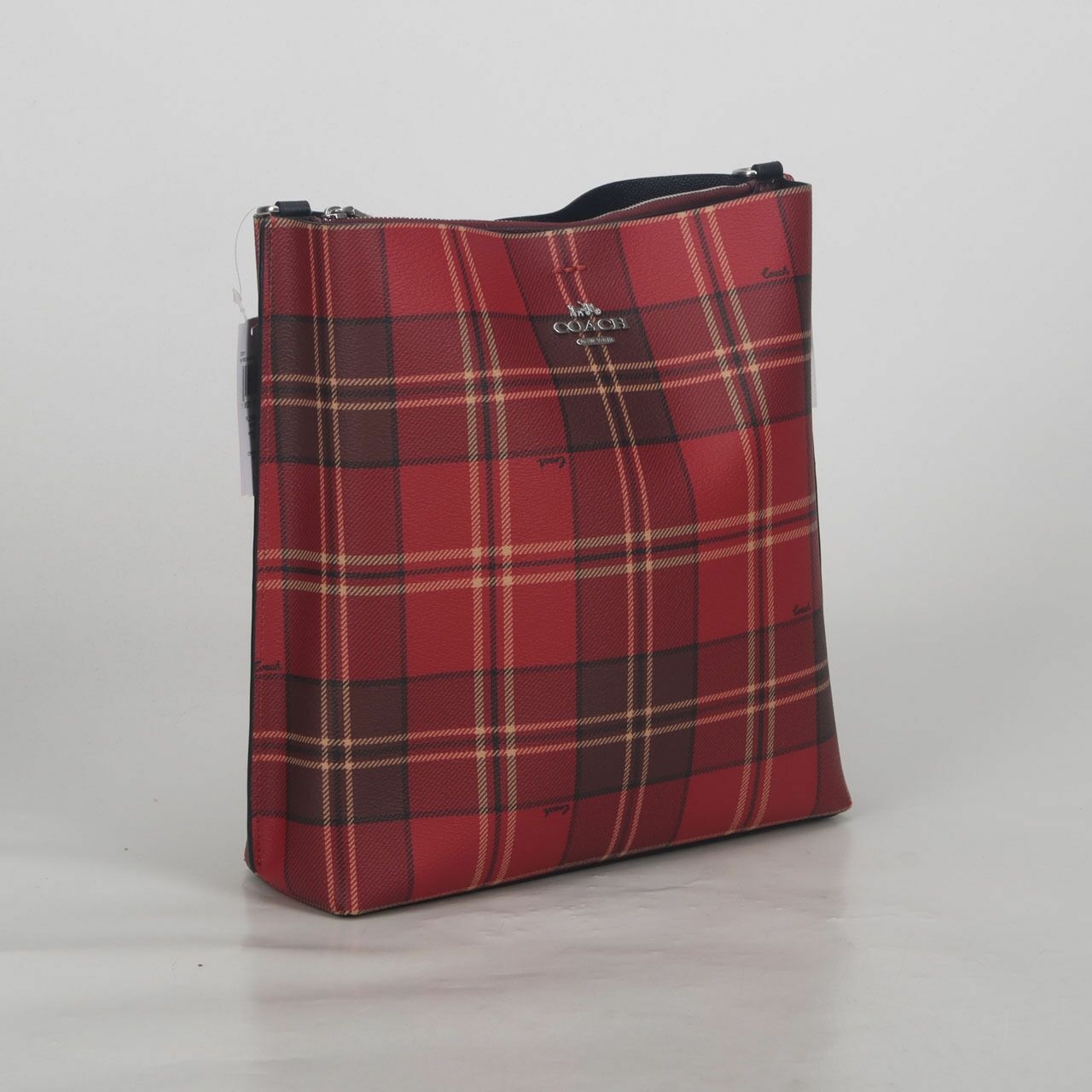 Coach CC877 Mollie Bucket Bag With Tartan Plaid Print Red Black Multi Shoulder Bag