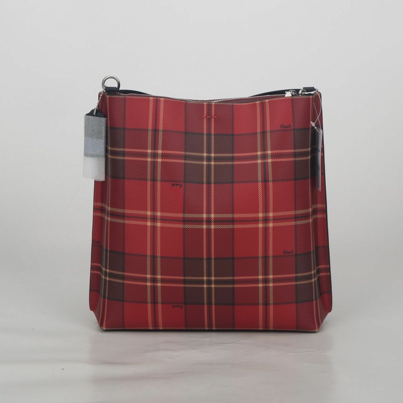 Coach CC877 Mollie Bucket Bag With Tartan Plaid Print Red Black Multi Shoulder Bag