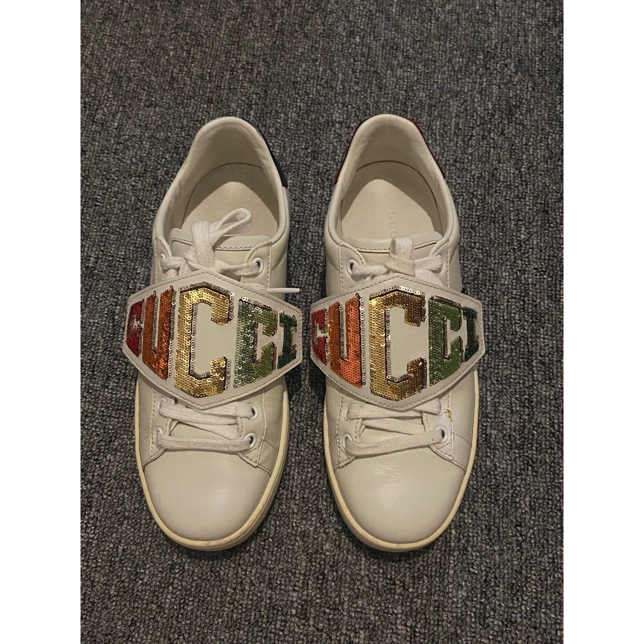 Gucci White Leather Sequin Embellished Ace Low Top Sneakers