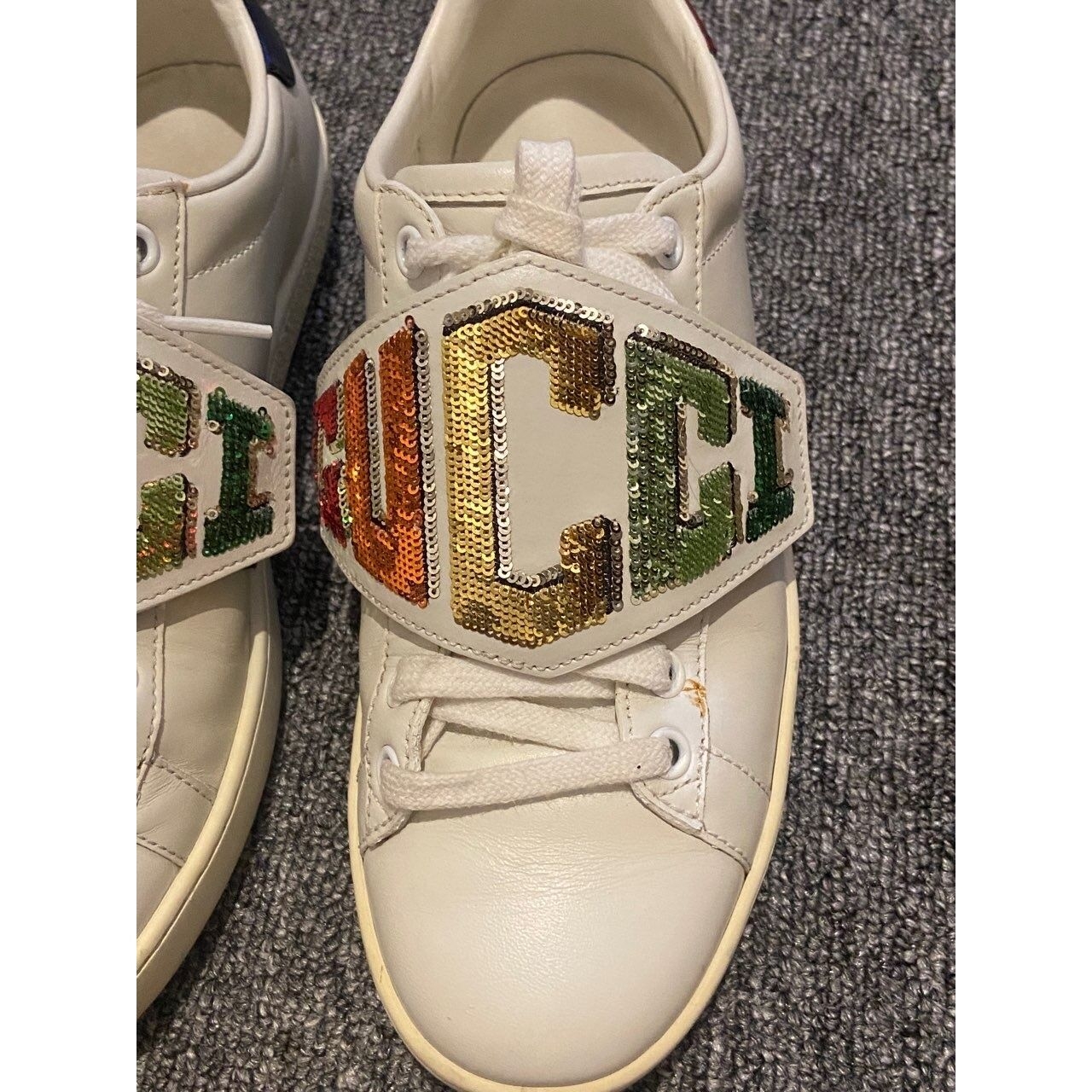 Gucci White Leather Sequin Embellished Ace Low Top Sneakers