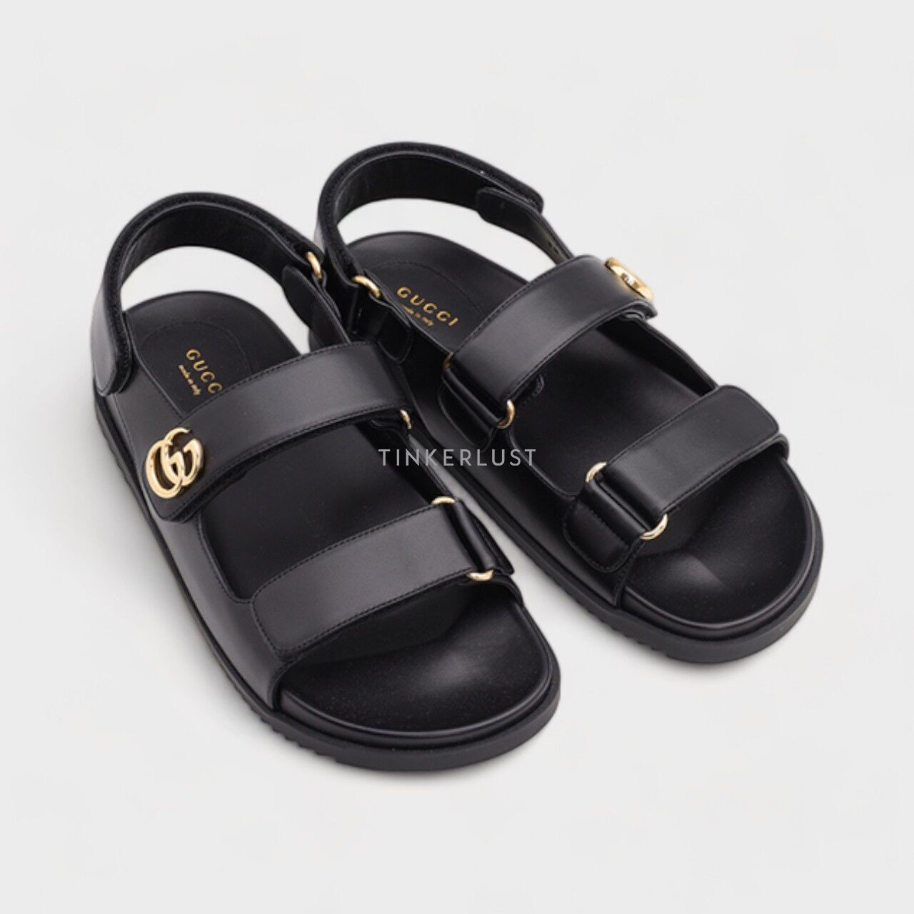 GUCCI Women Double G Flat Sandals in Black GHW with Velcro Straps