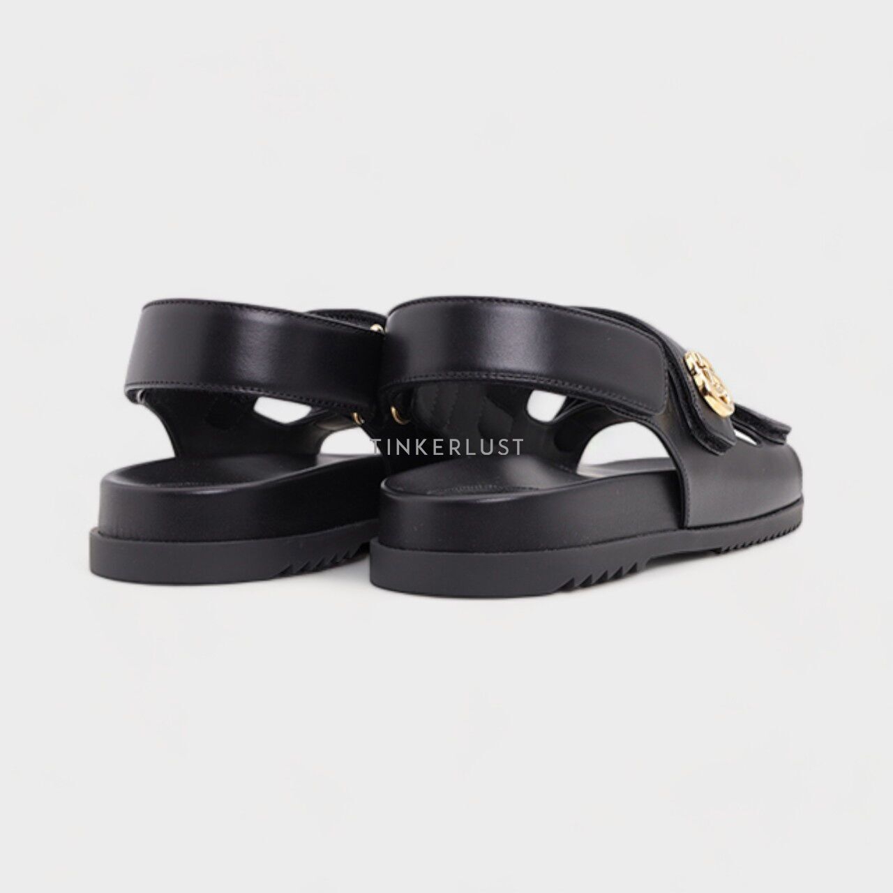 GUCCI Women Double G Flat Sandals in Black GHW with Velcro Straps