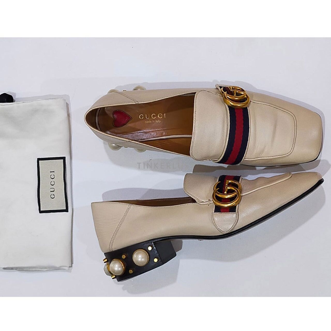 Gucci Peyton Cream Pearl GG Embellished Web Loafers