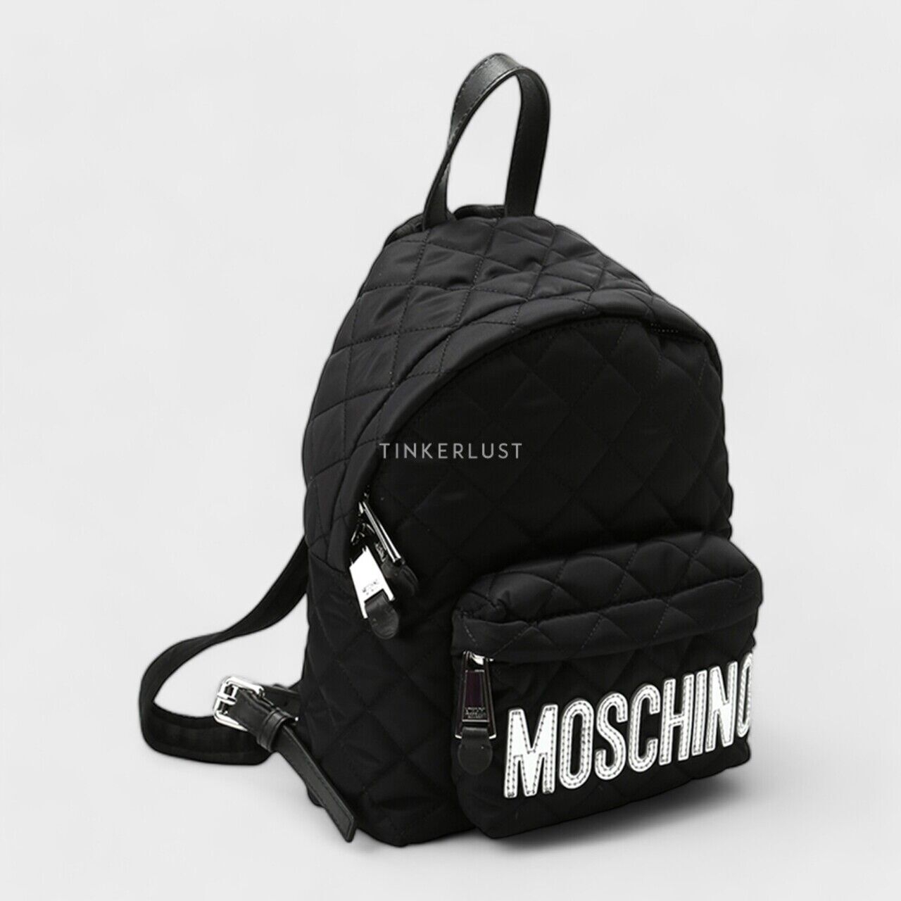 Moschino Medium Backpack in Black Quilted with Silver Logo